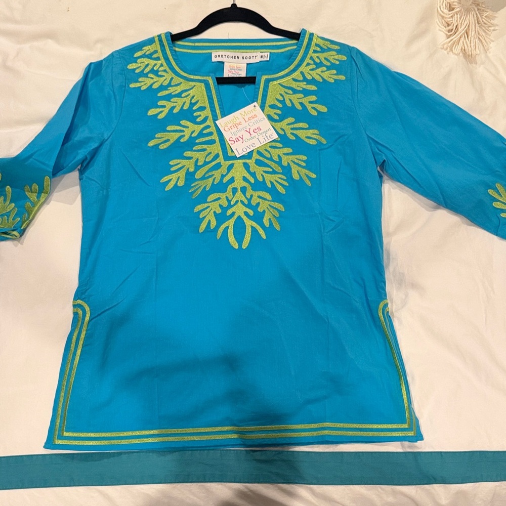 Gretchen Scott Designs Turquoise Tunic with Lime Embroidery